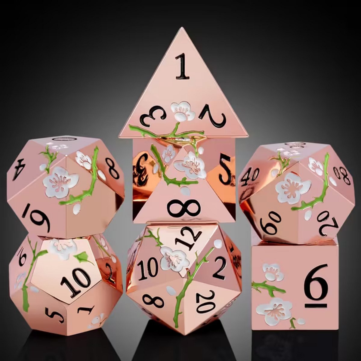 7 delige Metal Dice Set “Sakura Bloesem” Deluxe Rose Goud