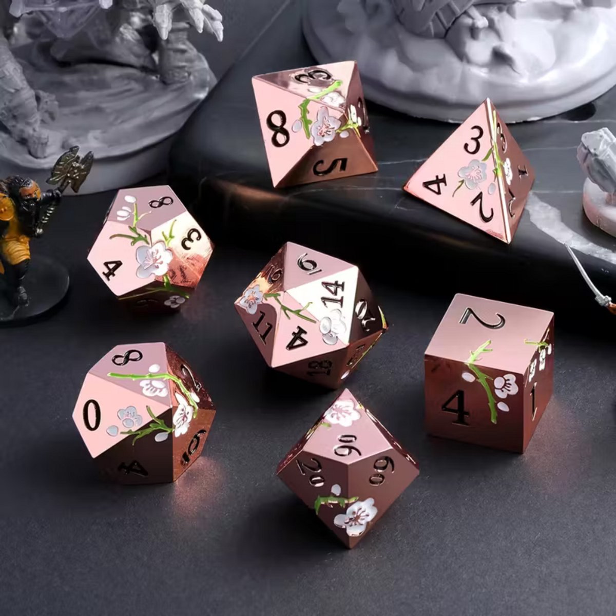 7 delige Metal Dice Set “Sakura Bloesem” Deluxe Rose Goud