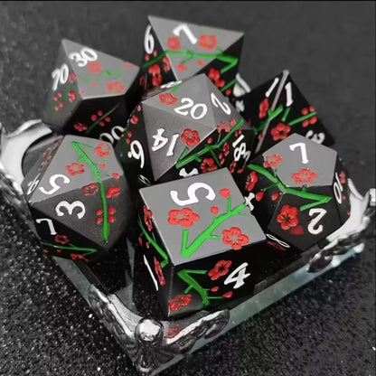 7 delige Metal Dice Set “Sakura Bloesem” Deluxe Zwart