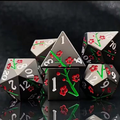 7 delige Metal Dice Set “Sakura Bloesem” Deluxe Zwart