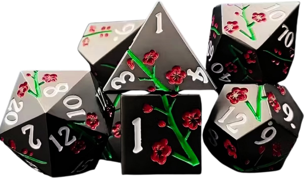 7 delige Metal Dice Set “Sakura Bloesem” Deluxe Zwart