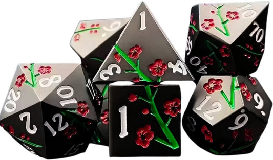 7 delige Metal Dice Set “Sakura Bloesem” Deluxe Zwart