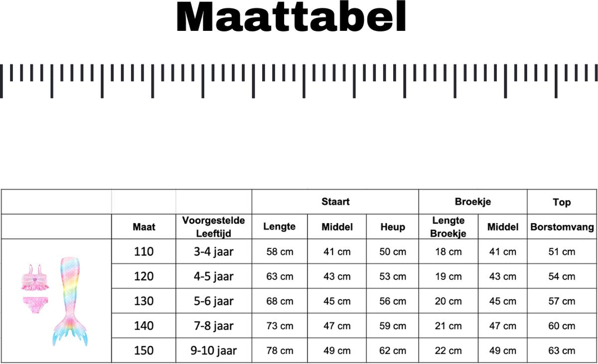 Zeemeerminstaart met bikini verkleed set Regenboog Kleuren met MONOVIN