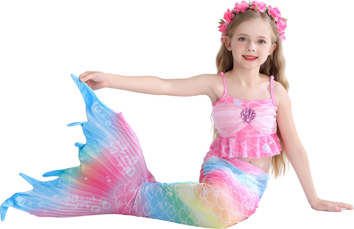 Zeemeerminstaart met bikini verkleed set Regenboog Kleuren met MONOVIN
