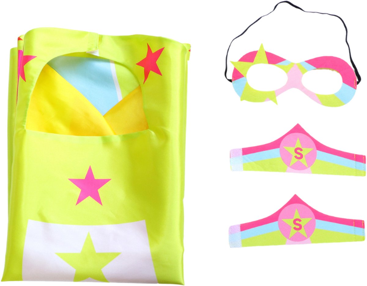Verkleedset Superheldin Cape Masker Armbanden Roze, Blauw en Geel met Sterren