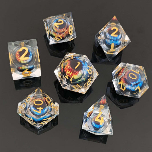 7 delige Liquid Core Resin Dice Set “Gekleurd Oog"