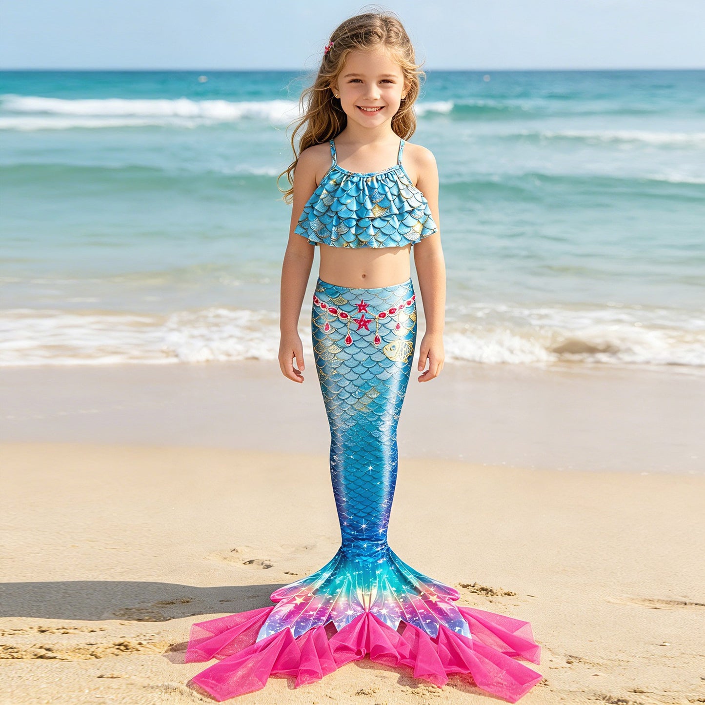 Zeemeerminstaart met Bikini Verkleedset Blauw Roze met Franje