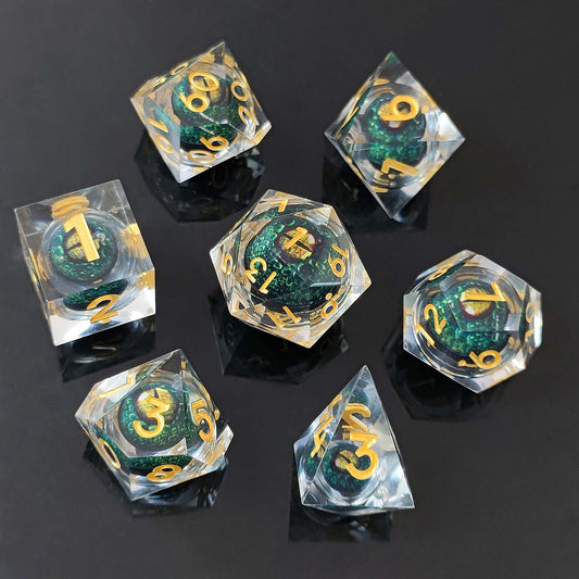7 delige Liquid Core Resin Dice Set “Draken Oog"