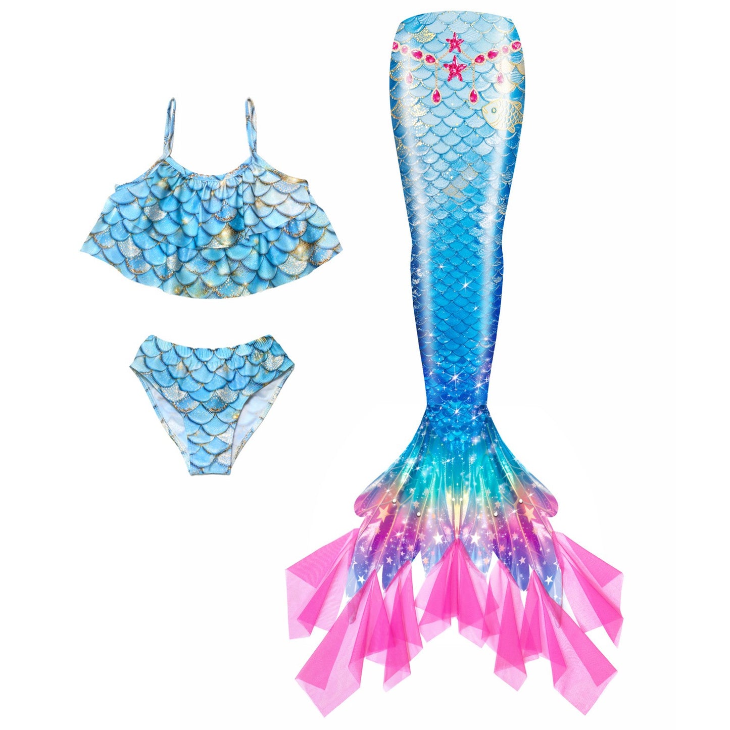 Zeemeerminstaart met Bikini Verkleedset Blauw Roze met Franje