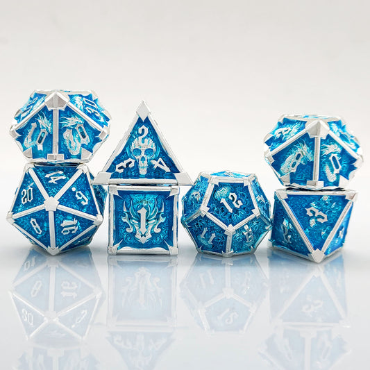 7-delige Metal Dice Set – “Frostbite” (Blauw met Zilver)
