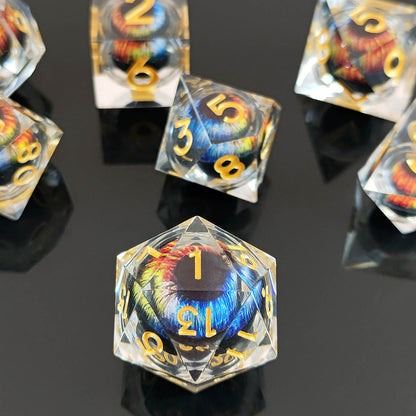 7 delige Liquid Core Resin Dice Set “Gekleurd Oog"