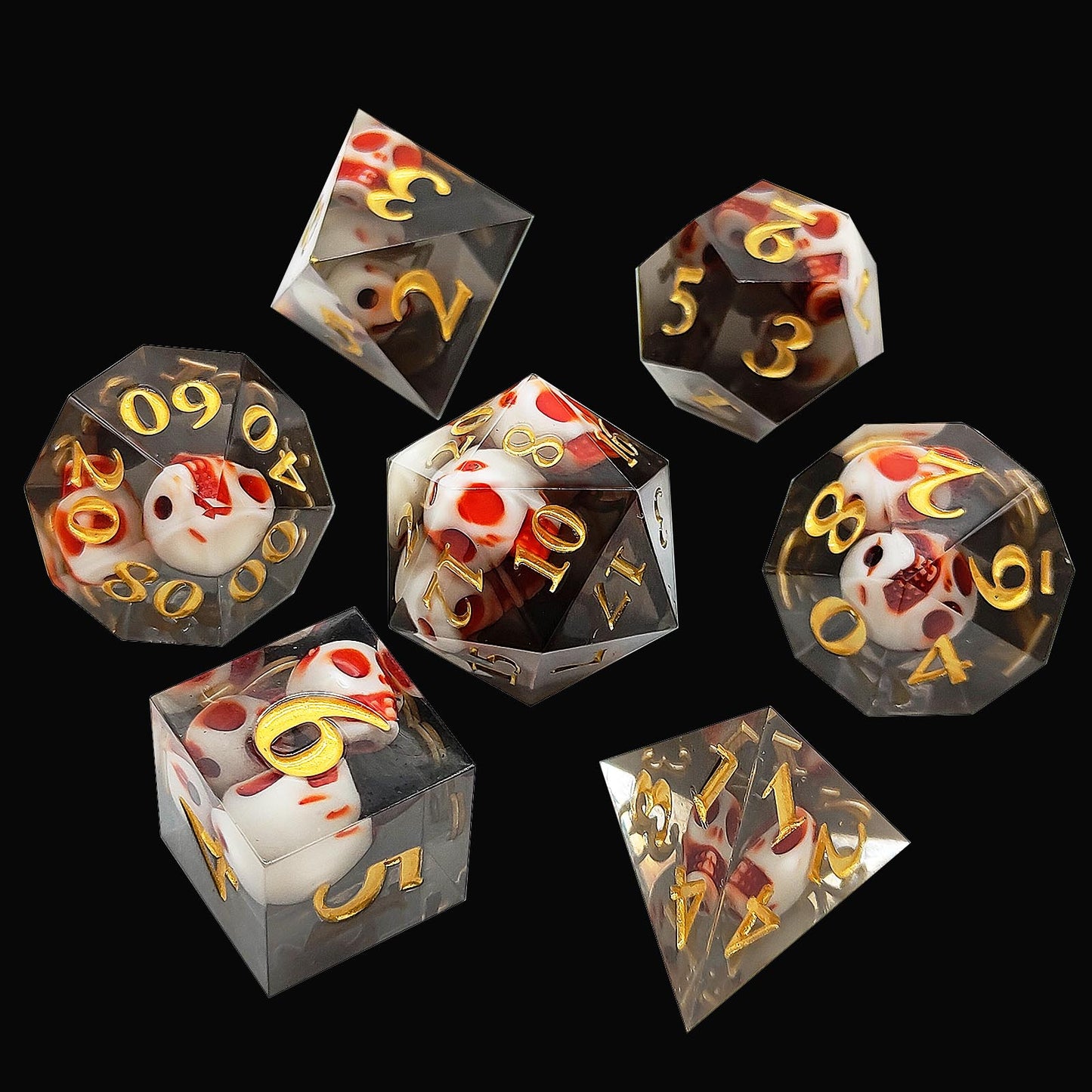7 delige Resin Dice Set “Obsidian Skulls"