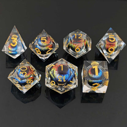 7 delige Liquid Core Resin Dice Set “Gekleurd Oog"