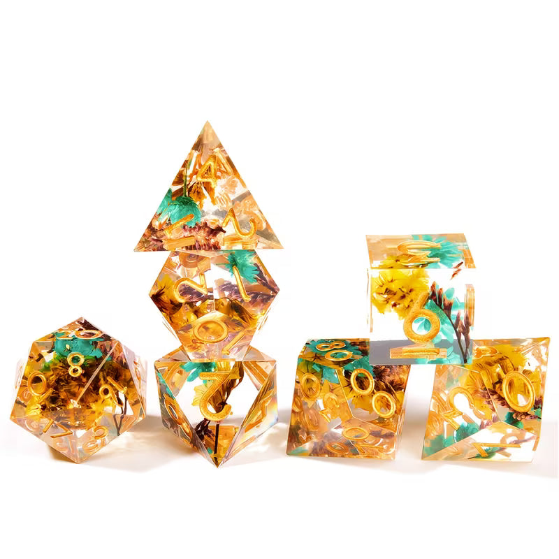 7 delige Resin Dice Set “Golden Leaf Bloom"