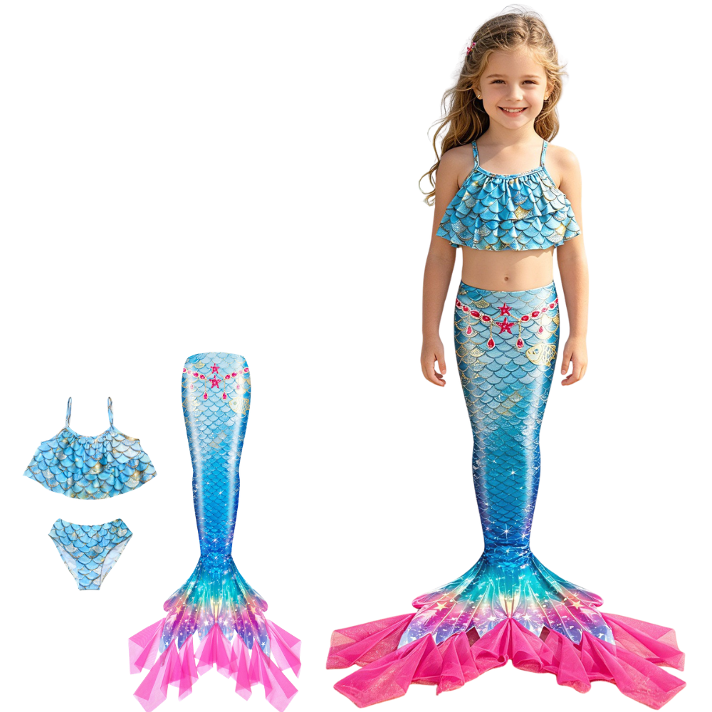 Zeemeerminstaart met Bikini Verkleedset Blauw Roze met Franje