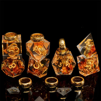 7 delige Resin Dice Set "The Ring Golden Radiance"