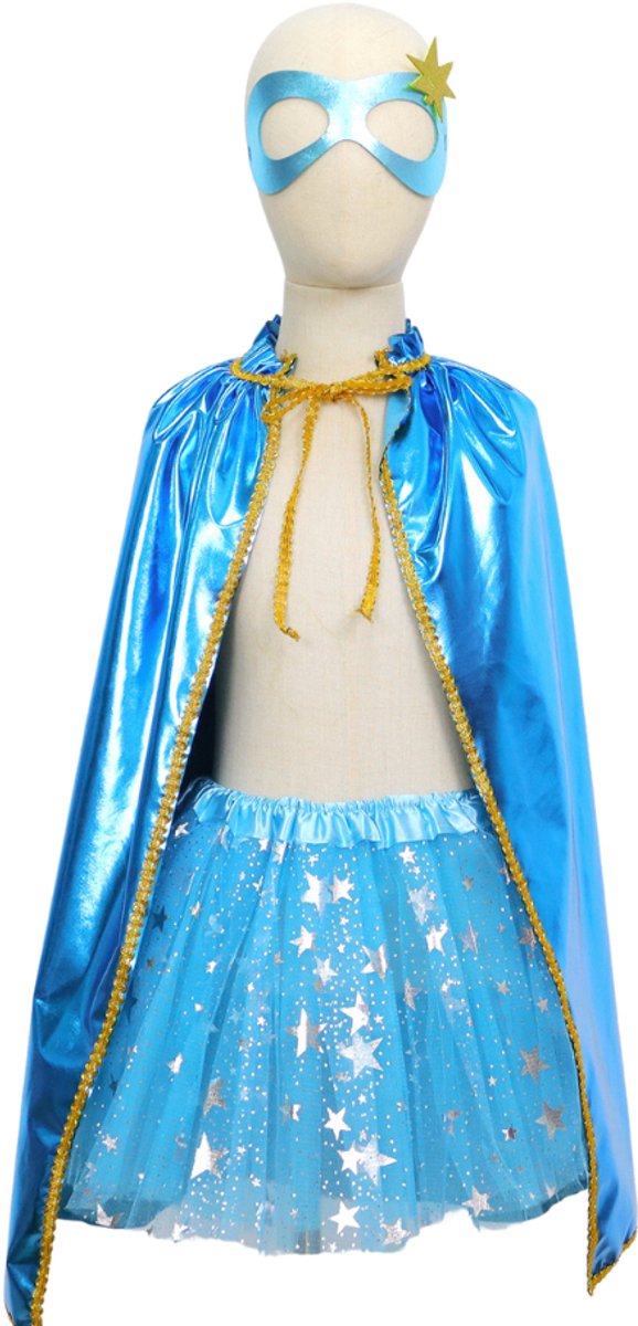 Superhelden Outfit Kind Tutu Rok + Metallic Cape + Masker Blauw