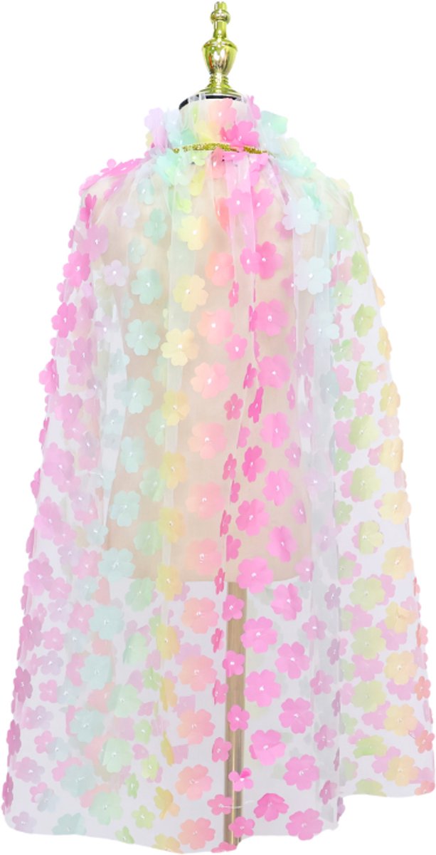 Luxe Verkleedcape Transparant met Regenboog kleuren en Bloemen