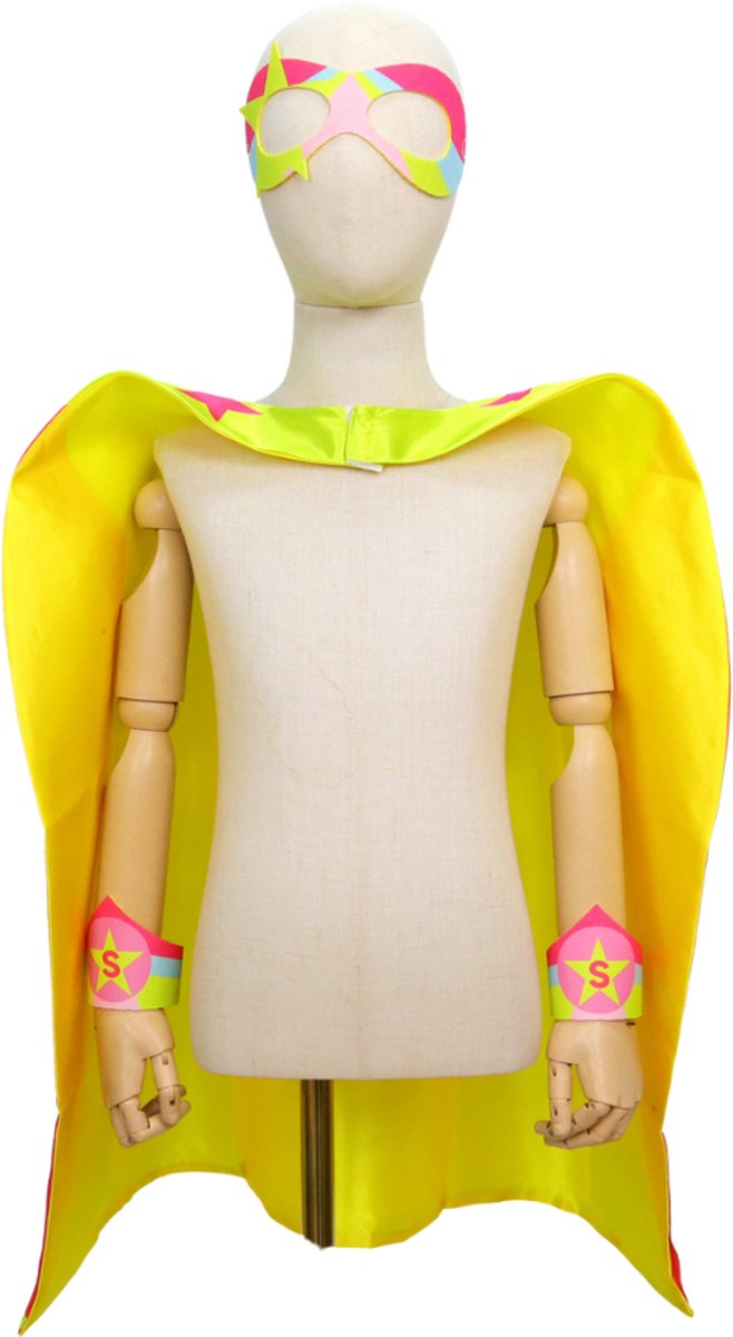 Verkleedset Superheldin Cape Masker Armbanden Roze, Blauw en Geel met Sterren