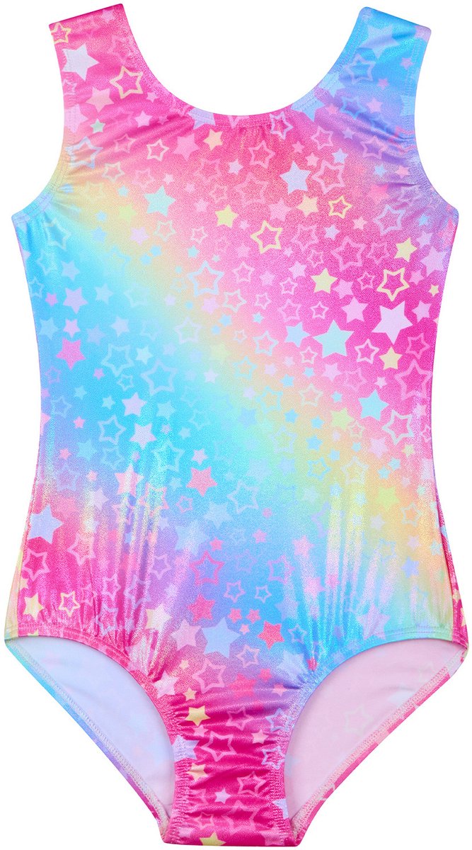 Turnpakje Meisjes Metallic zonder Mouwen met Broekje en Scrunchie Regenboog Sterren