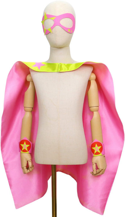 Verkleedset Superheldin Cape Masker Armbanden Roze met Gele Sterren