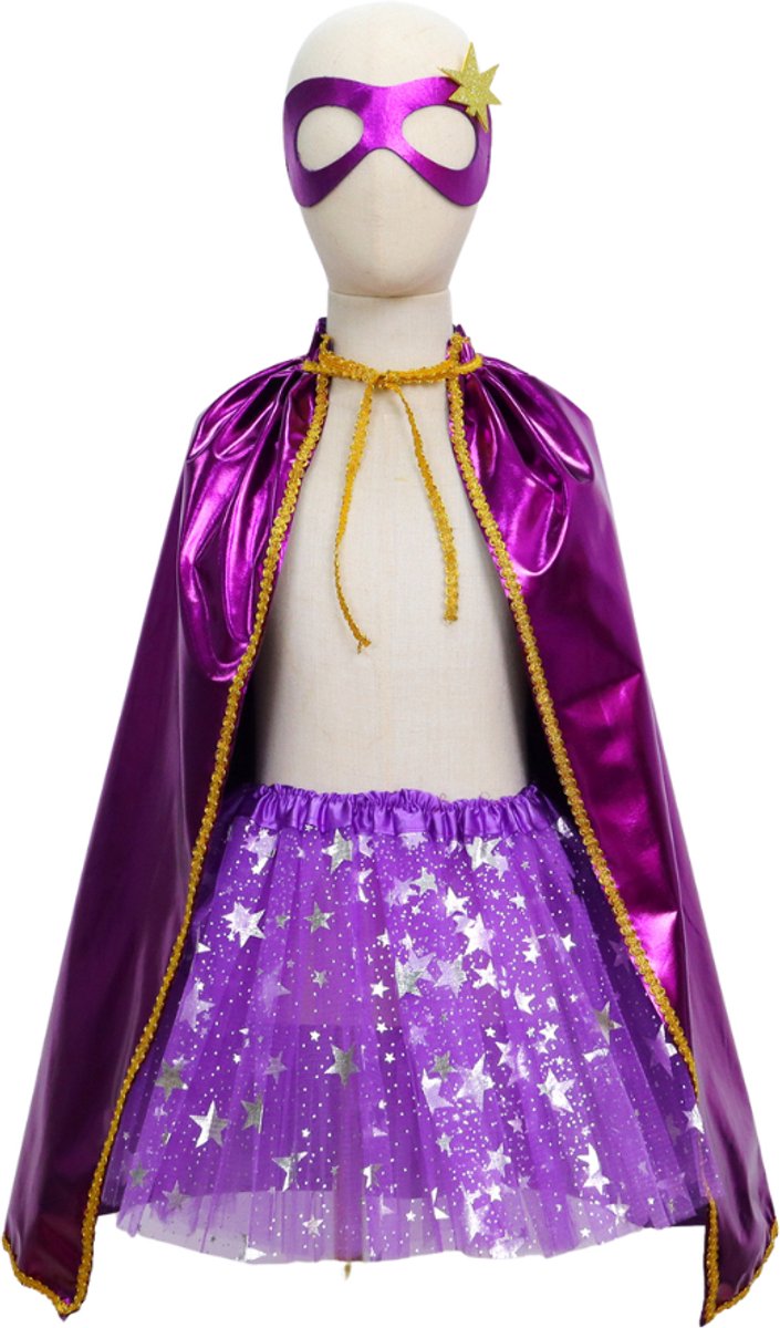 Superhelden Outfit Kind Tutu Rok + Metallic Cape + Masker Paars