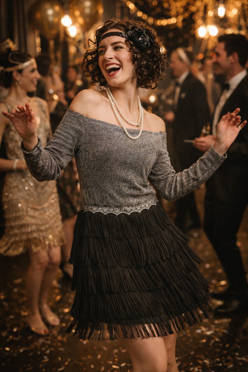 Gatsby Flapper Verkleed Jurk Dames Zilver/Zwart