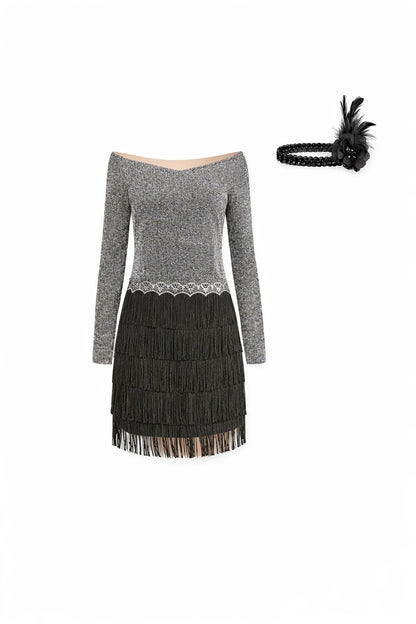 Gatsby Flapper Verkleed Jurk Dames Zilver/Zwart