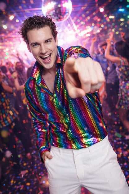 Disco Overhemd Metallic Regenboog Heren