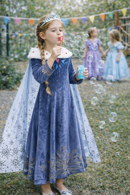 Elsa Verkleed Jurk Winter met Bontkraag Donker Blauw