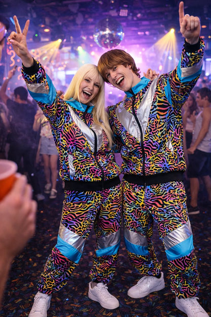 Retro Trainingspak Volwassenen Neon Panter Zebra Print met Metallic