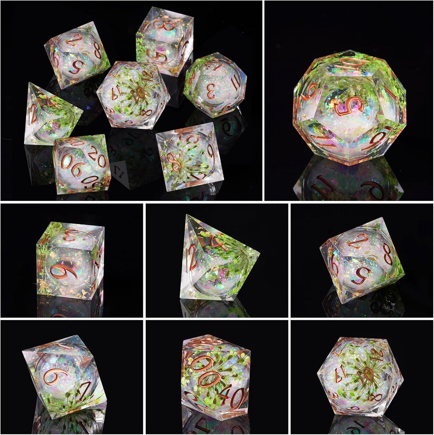 7 delige Liquid Core Resin Dice Set "Verdant Grove"