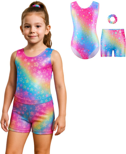 Turnpakje Meisjes Metallic zonder Mouwen met Broekje en Scrunchie Regenboog Sterren