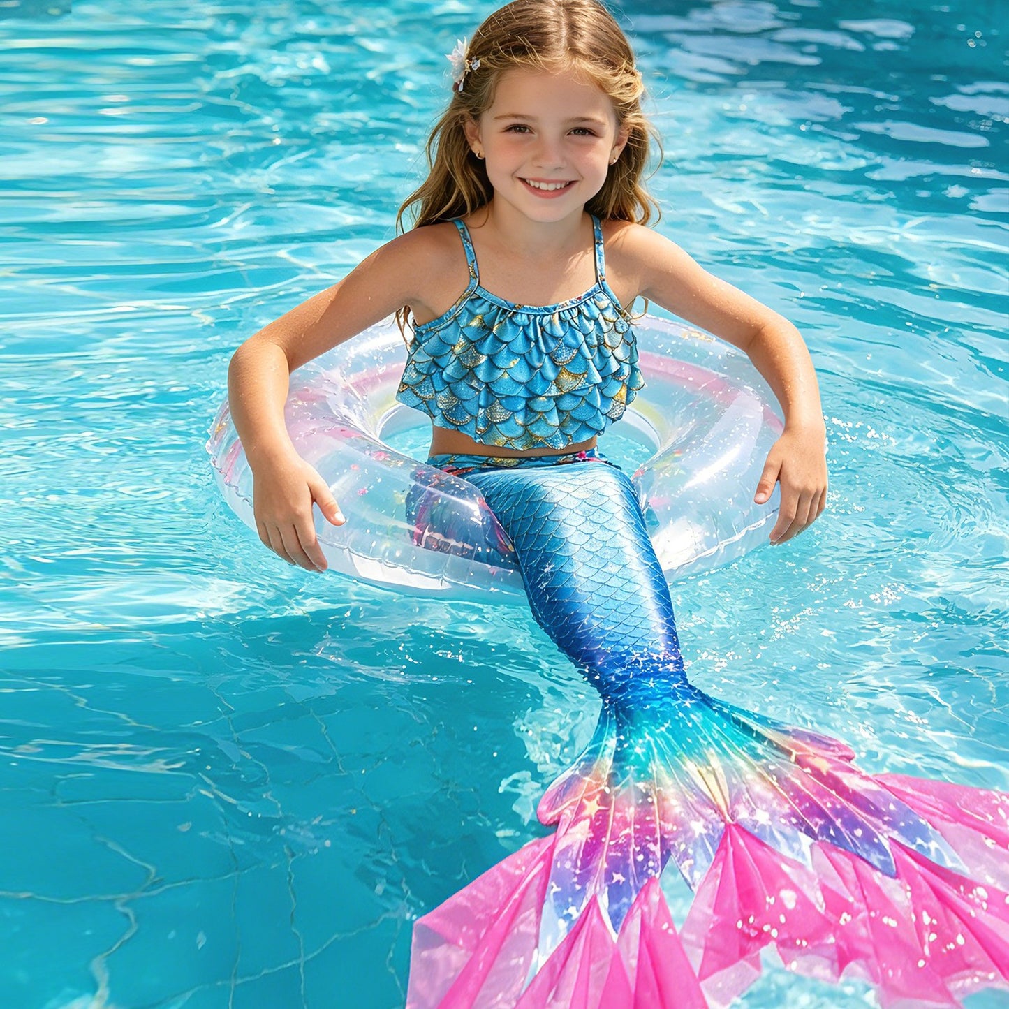 Zeemeerminstaart met Bikini met MONOVIN Verkleedset Blauw Roze met Franje