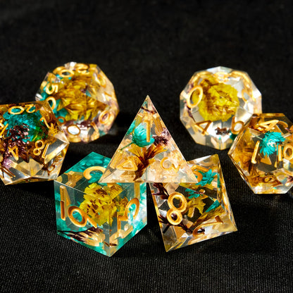 7 delige Resin Dice Set “Golden Leaf Bloom"