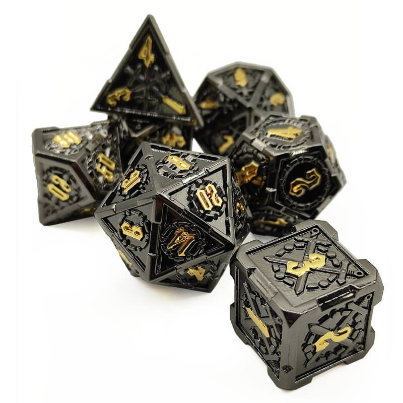 7-delige Metal Dice Set – “Shadow Relics” (Zwart)