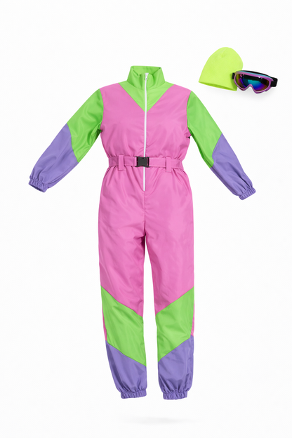 Retro Skipak Roze, Groen en Geel Dames met Skibril & Muts