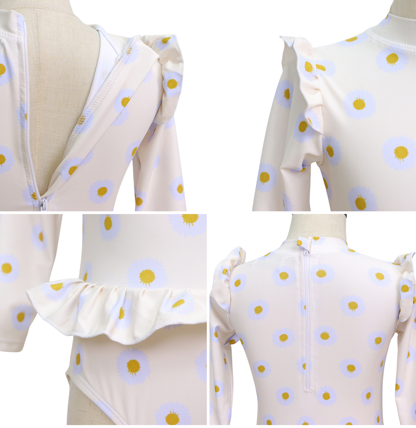 Badpak Lange Mouw Gebroken Wit met Bloemen print met Ruches Meisjes