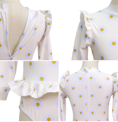 Badpak Lange Mouw Gebroken Wit met Bloemen print met Ruches Meisjes
