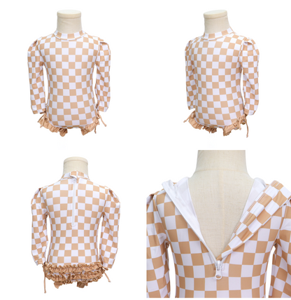 Badpak Lange Mouw Beige en Wit Geblokt met Ruches Meisjes