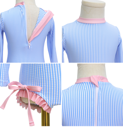 Badpak Lange Mouw Licht Blauw met Streepjes en Roze Ruches Meisjes