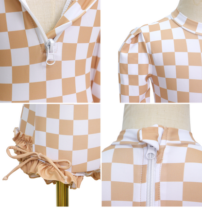 Badpak Lange Mouw Beige en Wit Geblokt met Ruches Meisjes
