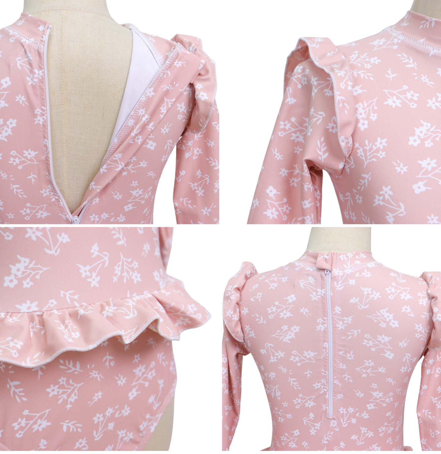 Badpak Lange Mouw Oud Roze met Bloemen print met Ruches Meisjes