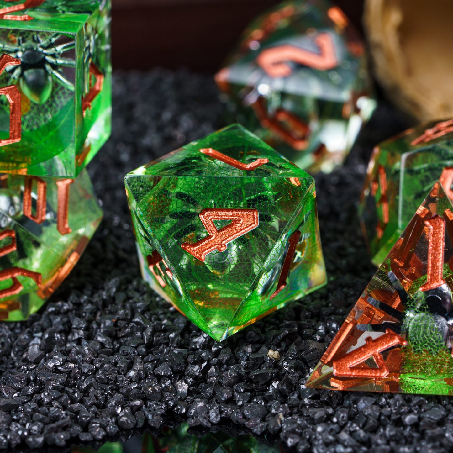 7 delige Resin Dice Set “Emerald Spider"