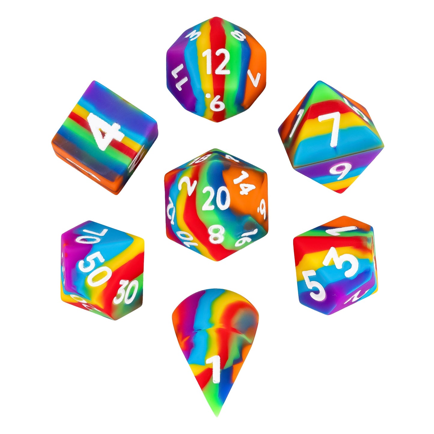 7 delige Siliconen Bounce Dice Set Regenboog Donker