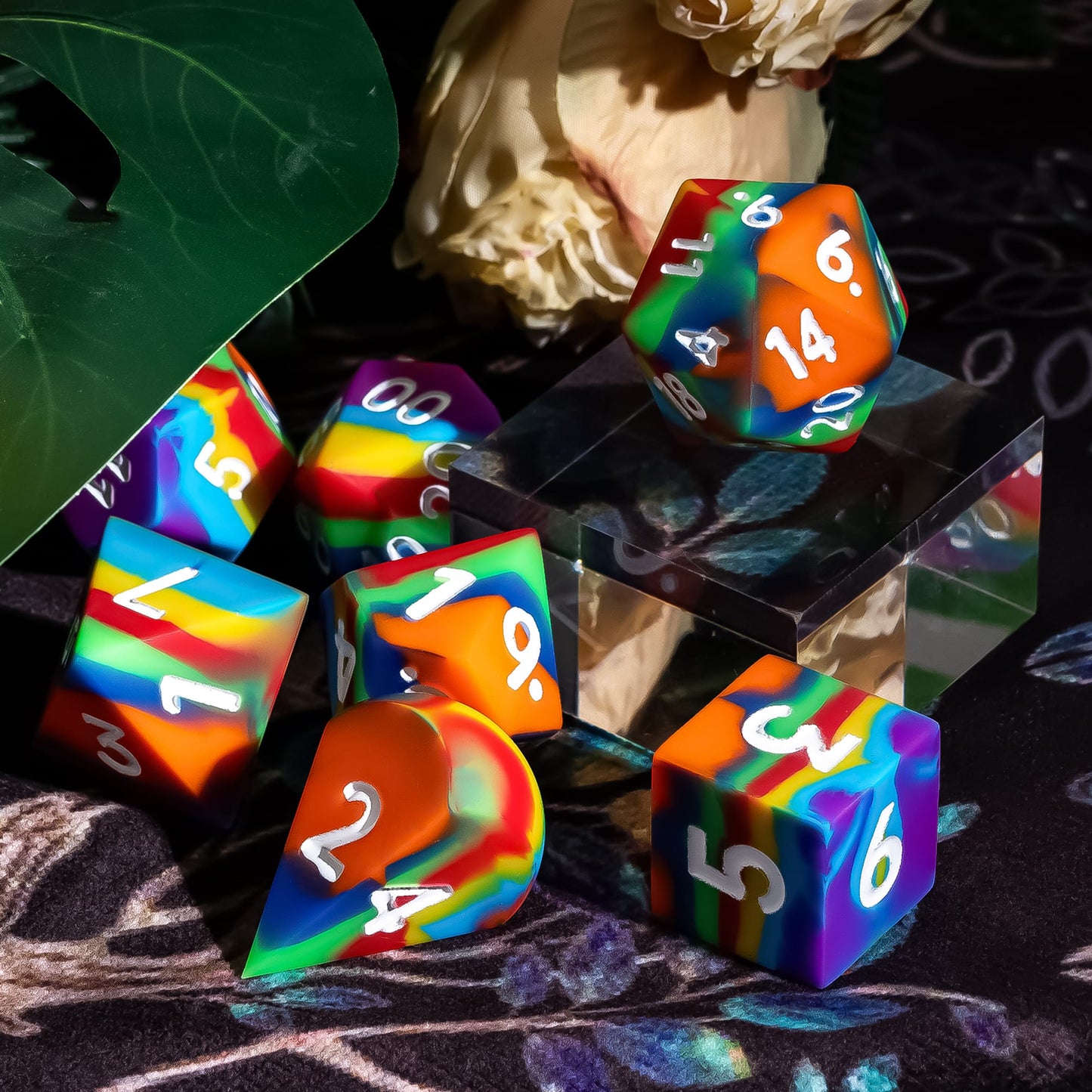 7 delige Siliconen Bounce Dice Set Regenboog Donker