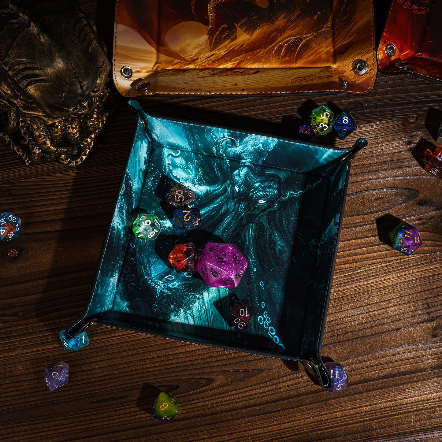 Opvouwbare Dice Tray – Zwart Kunstleer | Voor Dungeons & Dragons & TTRPG Dobbelstenen Monster Blauw Oceaan