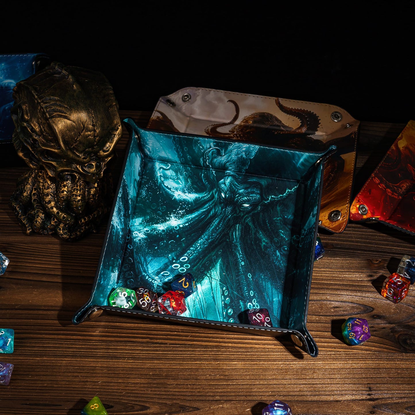 Opvouwbare Dice Tray – Zwart Kunstleer | Voor Dungeons & Dragons & TTRPG Dobbelstenen Monster Blauw Oceaan