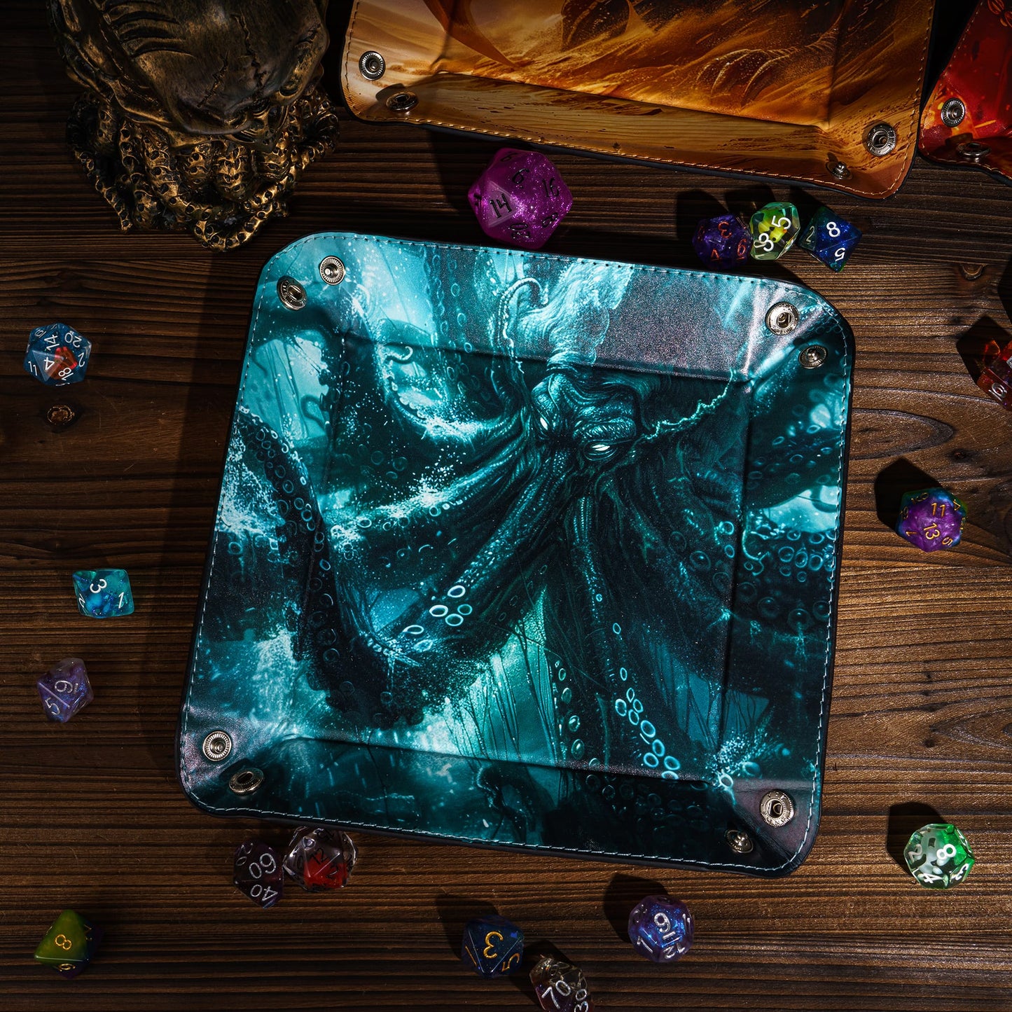 Opvouwbare Dice Tray – Zwart Kunstleer | Voor Dungeons & Dragons & TTRPG Dobbelstenen Monster Blauw Oceaan