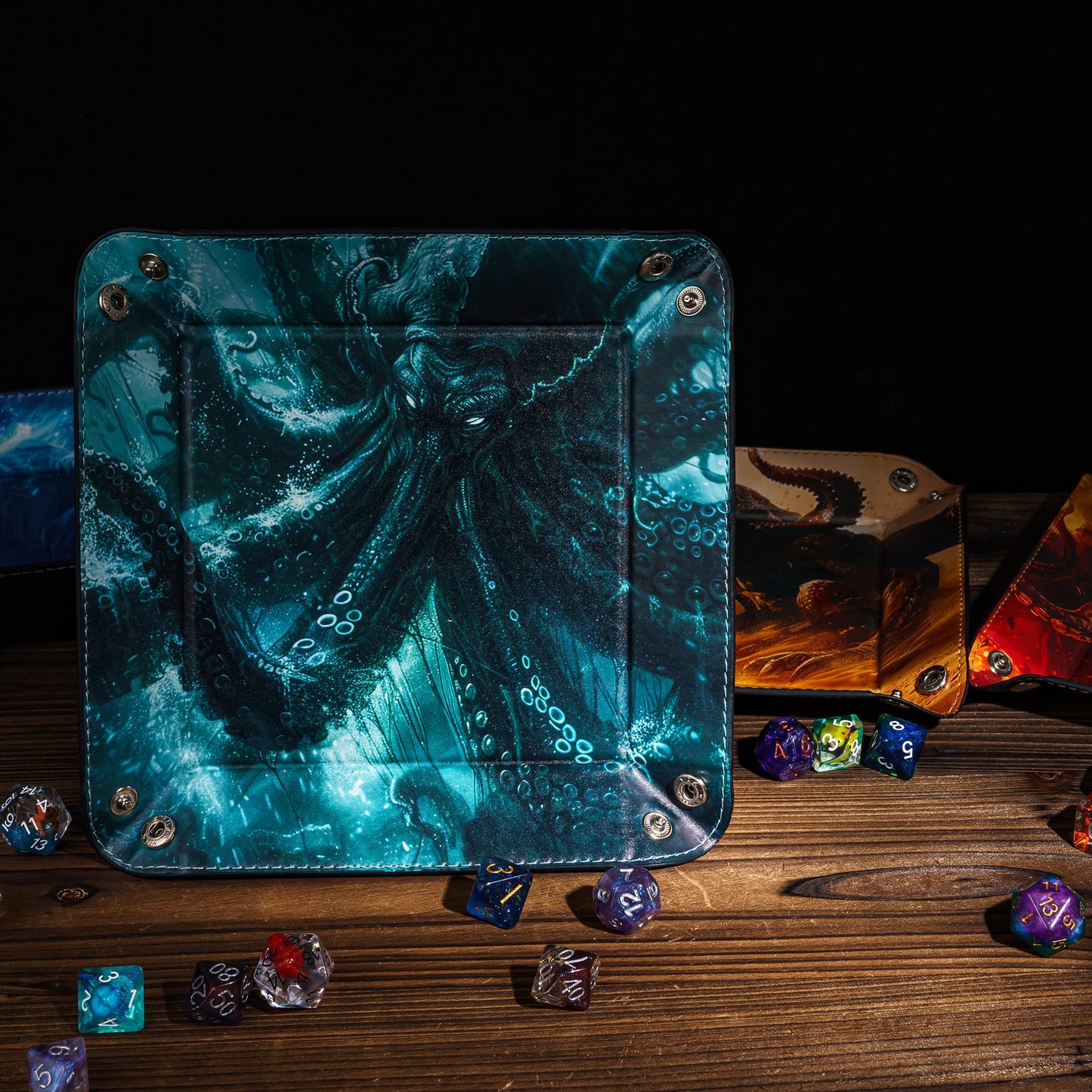 Opvouwbare Dice Tray – Zwart Kunstleer | Voor Dungeons & Dragons & TTRPG Dobbelstenen Monster Blauw Oceaan
